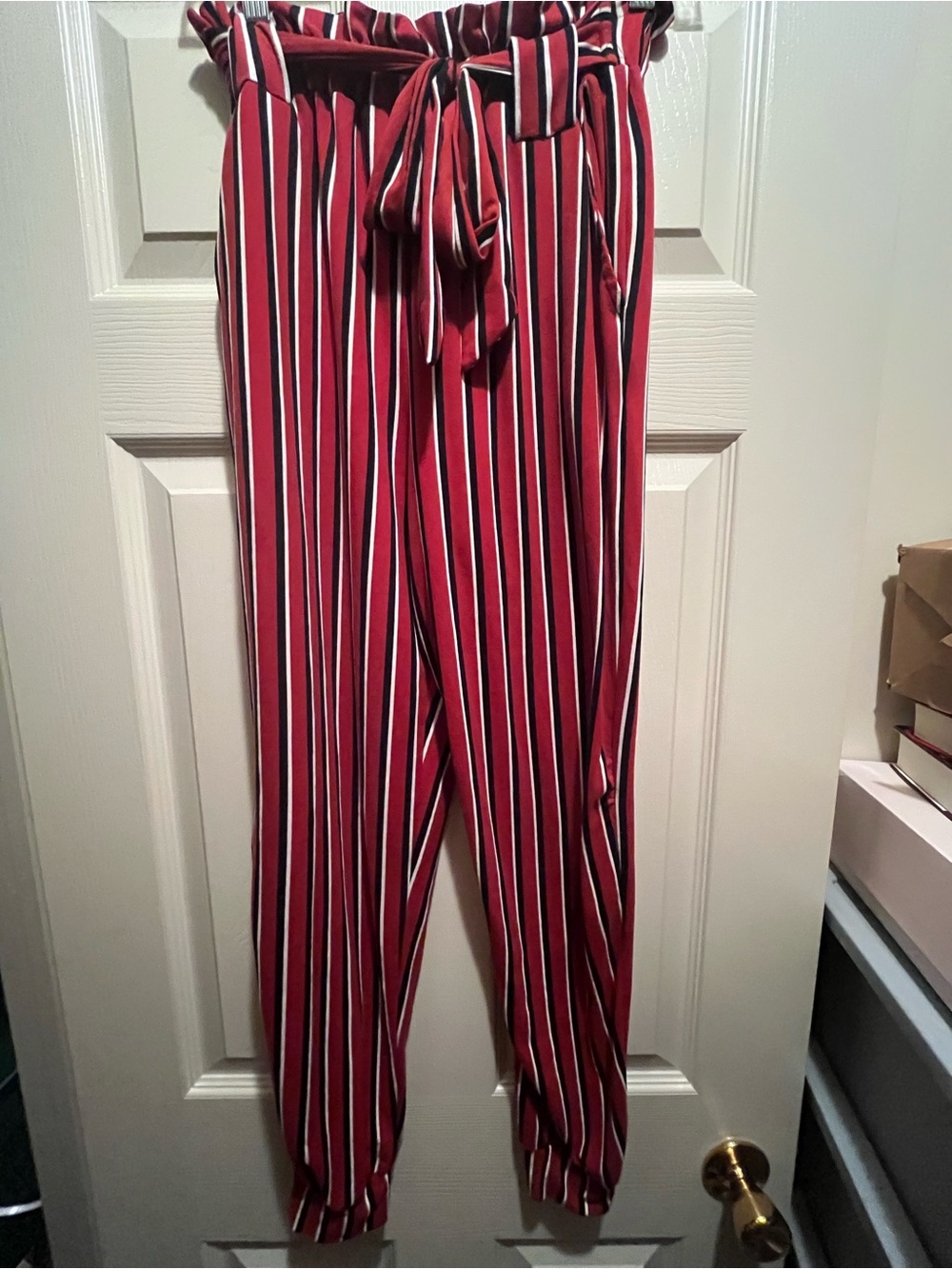 Full Circle Trends Women’s Red/Black/White Striped Jogger Pants w/ Tie & Ruffle